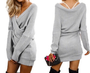 Gray Long Sleeve Wrap Knit Mini‎ Dress Tunic V-Neck Women’s Small, Medium, Large